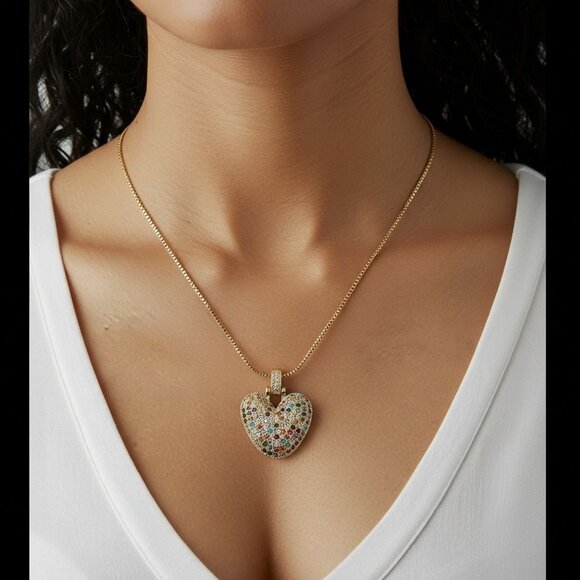 Multicolor Zircon 18K Yellow Gold Plated Heart Pendant Necklace 18 Inch Chain - Picture 2 of 5